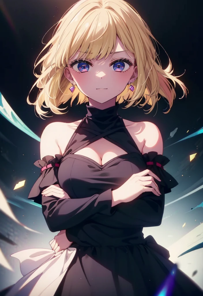 1girl, solo, breasts, blonde_hair, long_hair, jewelry, crossed_arms, looking_at_viewer, blue_eyes, earrings, detached_sleeves, smile, large_breasts, upper_body, dress, gem, closed_mouth, cleavage, black_dress, clothing_cutout, cleavage_cutout, bare_shoulders, glowing, indoors, forehead, straight-on, glowing_eyes