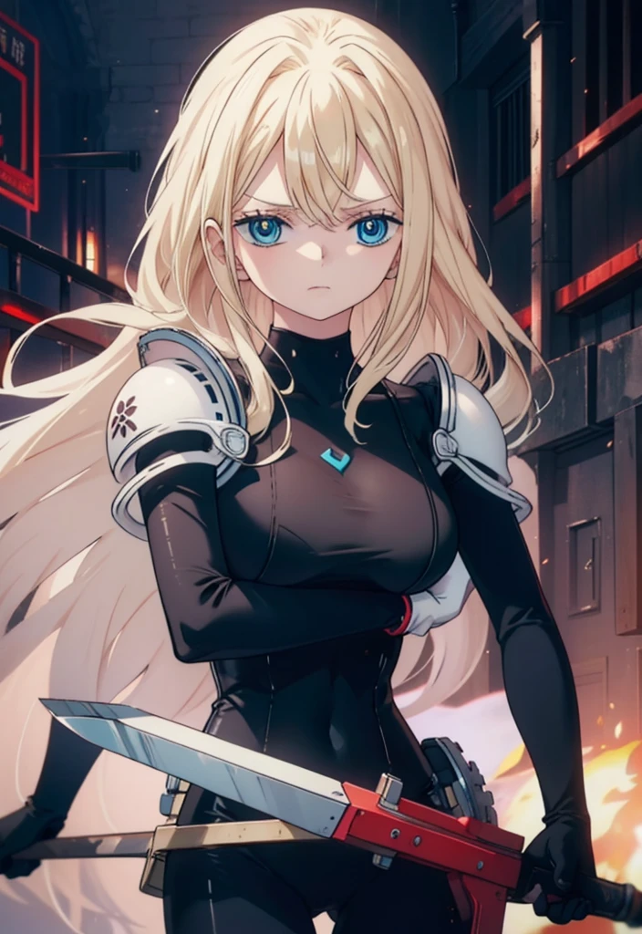 1girl, blonde_hair, blue_eyes, solo, long_hair, looking_at_viewer, breasts, holding, weapon, upper_body, bodysuit, gloves, blurry_background, closed_mouth, armor, white_gloves, large_breasts