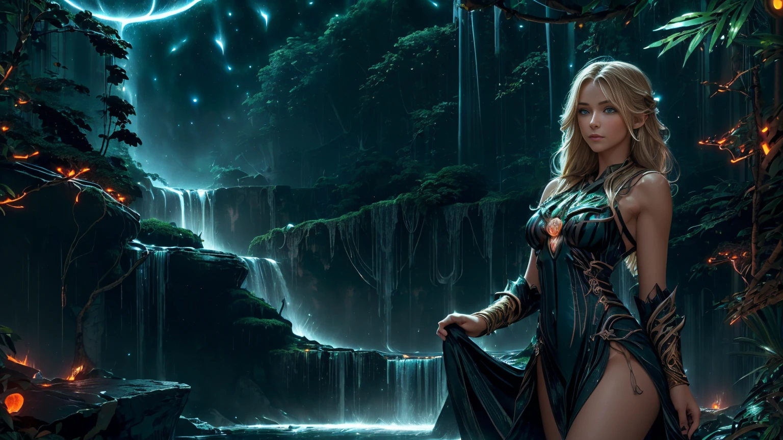 A stunning Russian beauty stands at the edge of (massives waterfalls:1.3), her blonde hair blowing gently in the misty air. Her piercing blue eyes sparkle as she gazes up at the star-filled sky, where a (supernova and galaxy :1.3) casts an otherworldly glow. The (jungle:1.5) around her is dark and mysterious, illuminated only by the soft flicker of a (brasero's flames) in the (dark night:1.8). She wears a beautiful short (black tube dress) that hugs her perfect body, highlighting every curve and contour as she poses confidently in front of the roaring waterfalls.