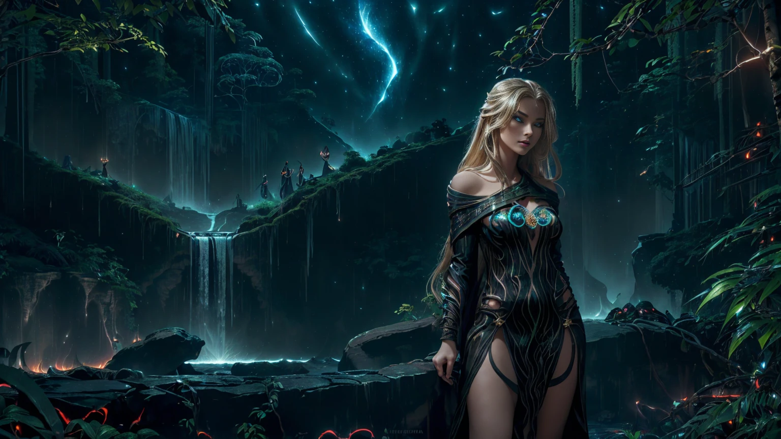 A stunning Russian beauty stands at the edge of (massives waterfalls:1.3), her blonde hair blowing gently in the misty air. Her piercing blue eyes sparkle as she gazes up at the star-filled sky, where a (supernova and galaxy :1.3) casts an otherworldly glow. The (jungle:1.5) around her is dark and mysterious, illuminated only by the soft flicker of a (brasero's flames) in the (dark night:1.8). She wears a beautiful short (black tube dress) that hugs her perfect body, highlighting every curve and contour as she poses confidently in front of the roaring waterfalls.