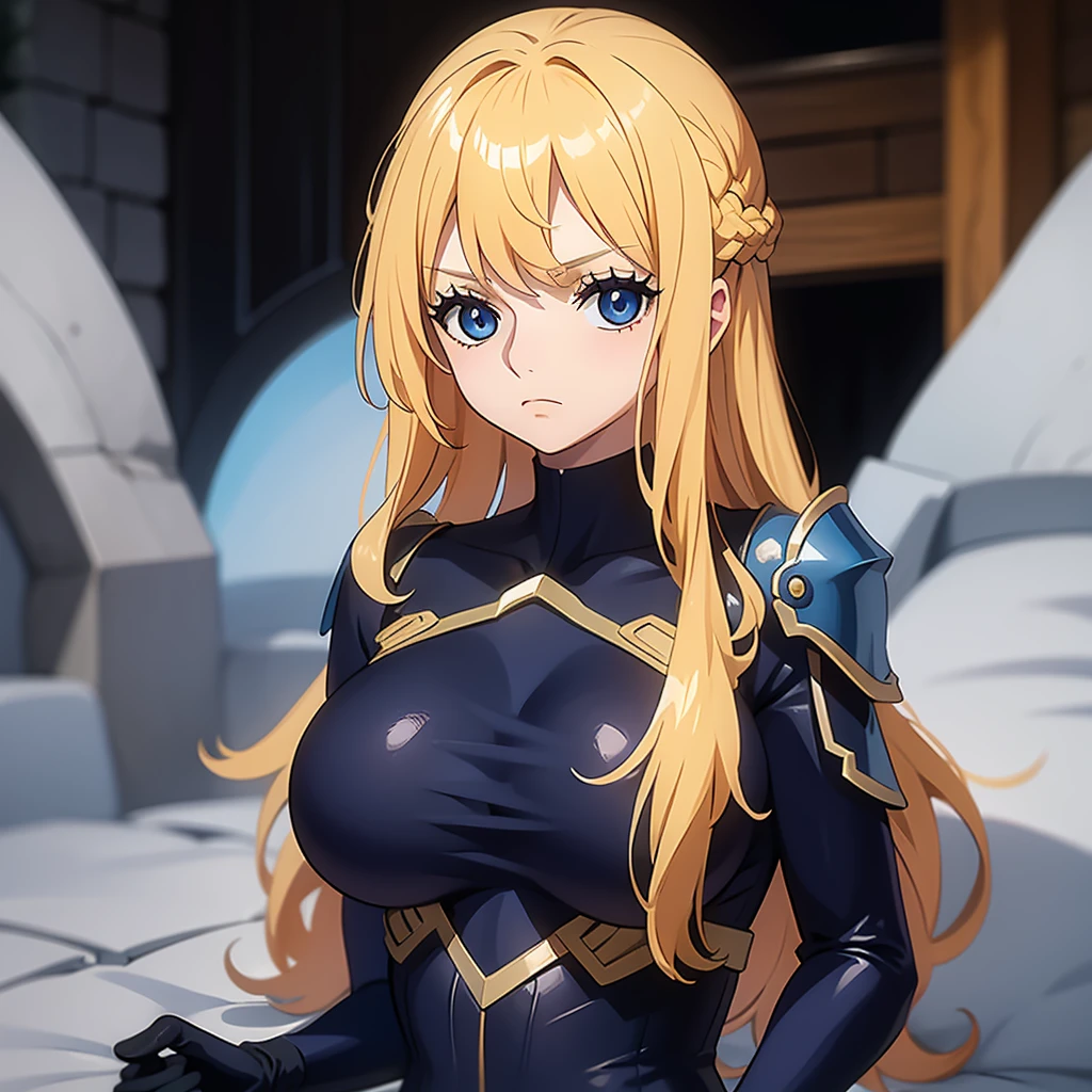 1girl, blonde_hair, blue_eyes, solo, long_hair, looking_at_viewer, breasts, holding, weapon, upper_body, bodysuit, gloves, blurry_background, closed_mouth, armor, white_gloves, large_breasts