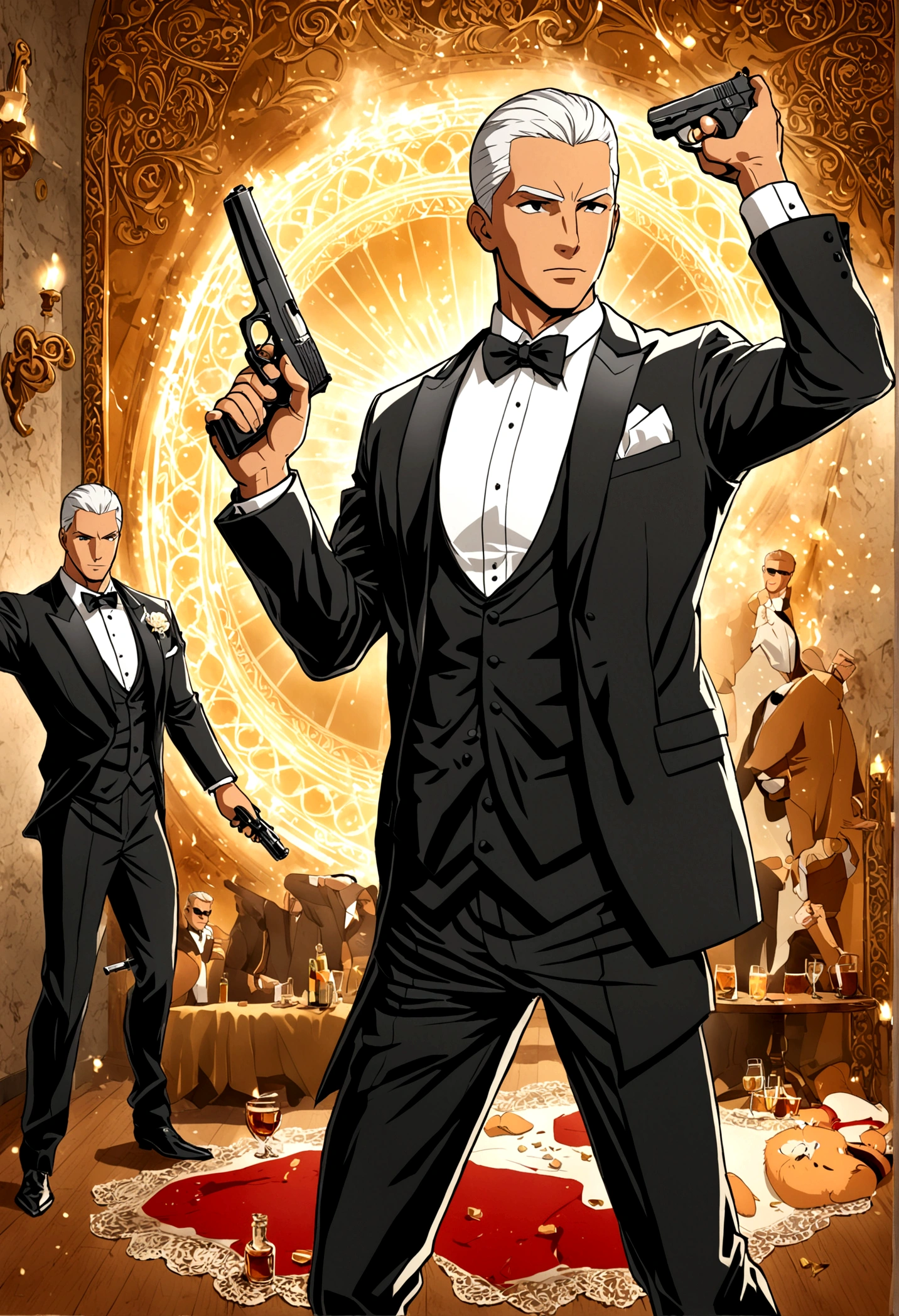 Fox Comedy Character Archer (secret agent in a tuxedo, drunk, brash, handsome, carelessly wielding a pistol), striking an almost dashing pose. 'ARCHER' written in the background