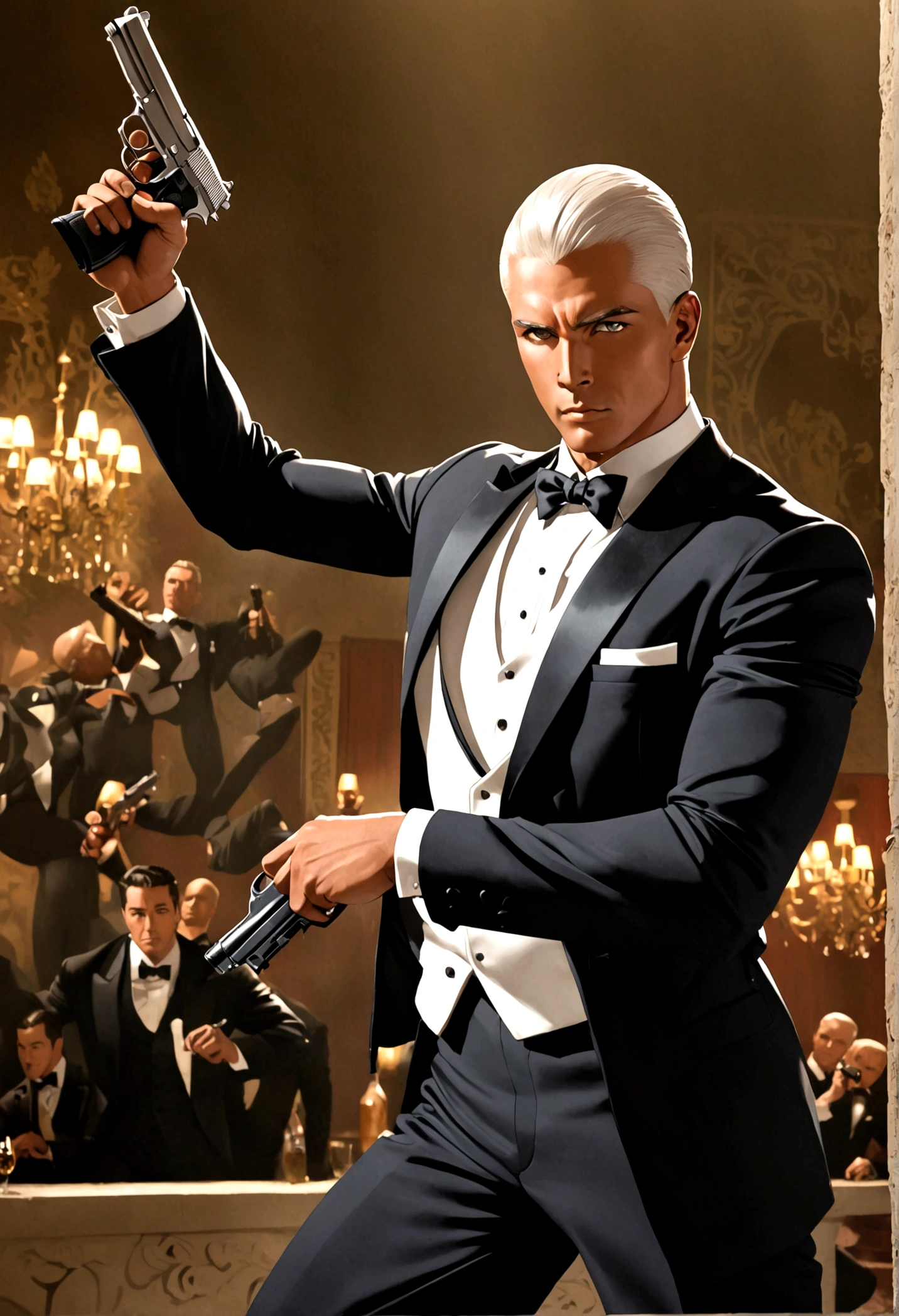 Fox Comedy Character Archer (secret agent in a tuxedo, drunk, brash, handsome, carelessly wielding a pistol), striking an almost dashing pose. 'ARCHER' written in the background