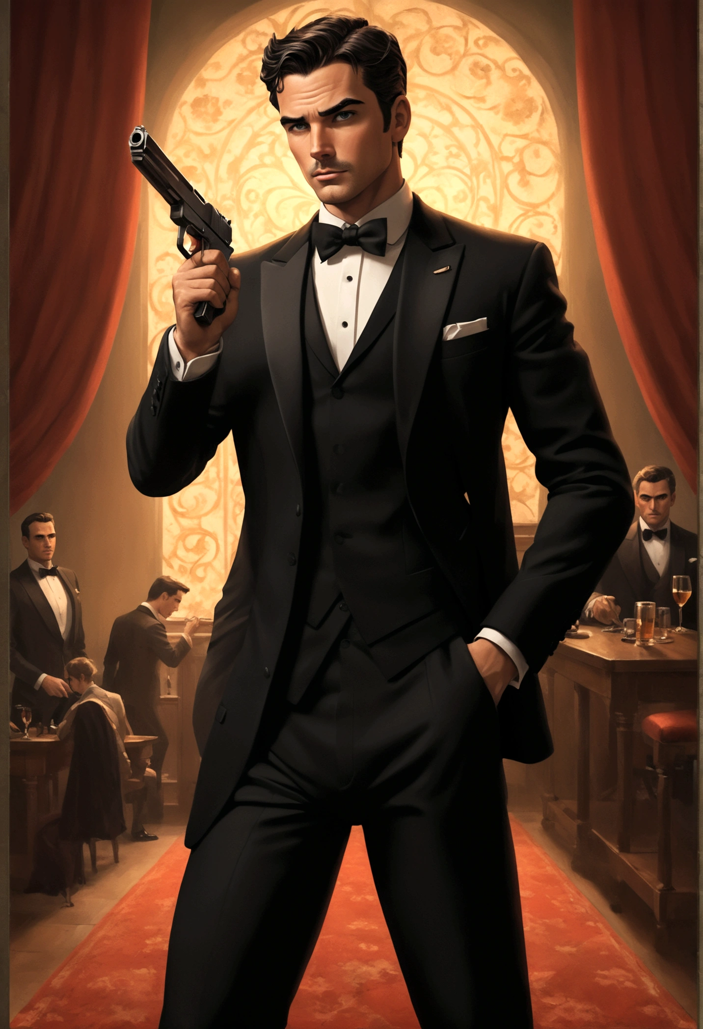 Fox Comedy Character Archer (secret agent in a tuxedo, drunk, brash, handsome, carelessly wielding a pistol), striking an almost dashing pose. 'ARCHER' written in the background
