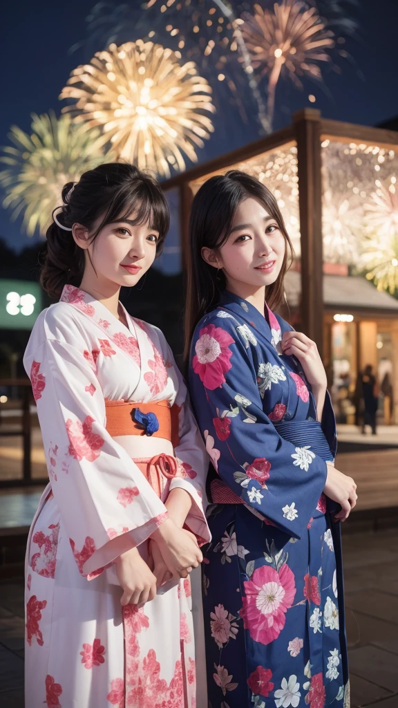 Assista à queima de fogos de artifício、Duas garotas vestindo yukata
