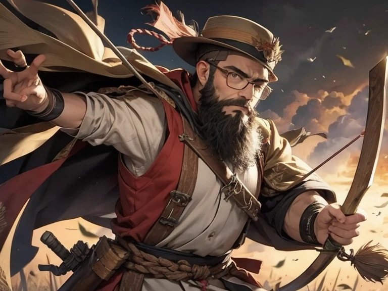 beard, Glasses, 独奏, 1boy, hat, holding, weapon, male focus, holding weapon, facial hair, sheath, beard, brown background, bow \(weapon\), arrow \(projectile\), holding bow \(weapon\), quiver, aiming, holding arrow, drawing bow