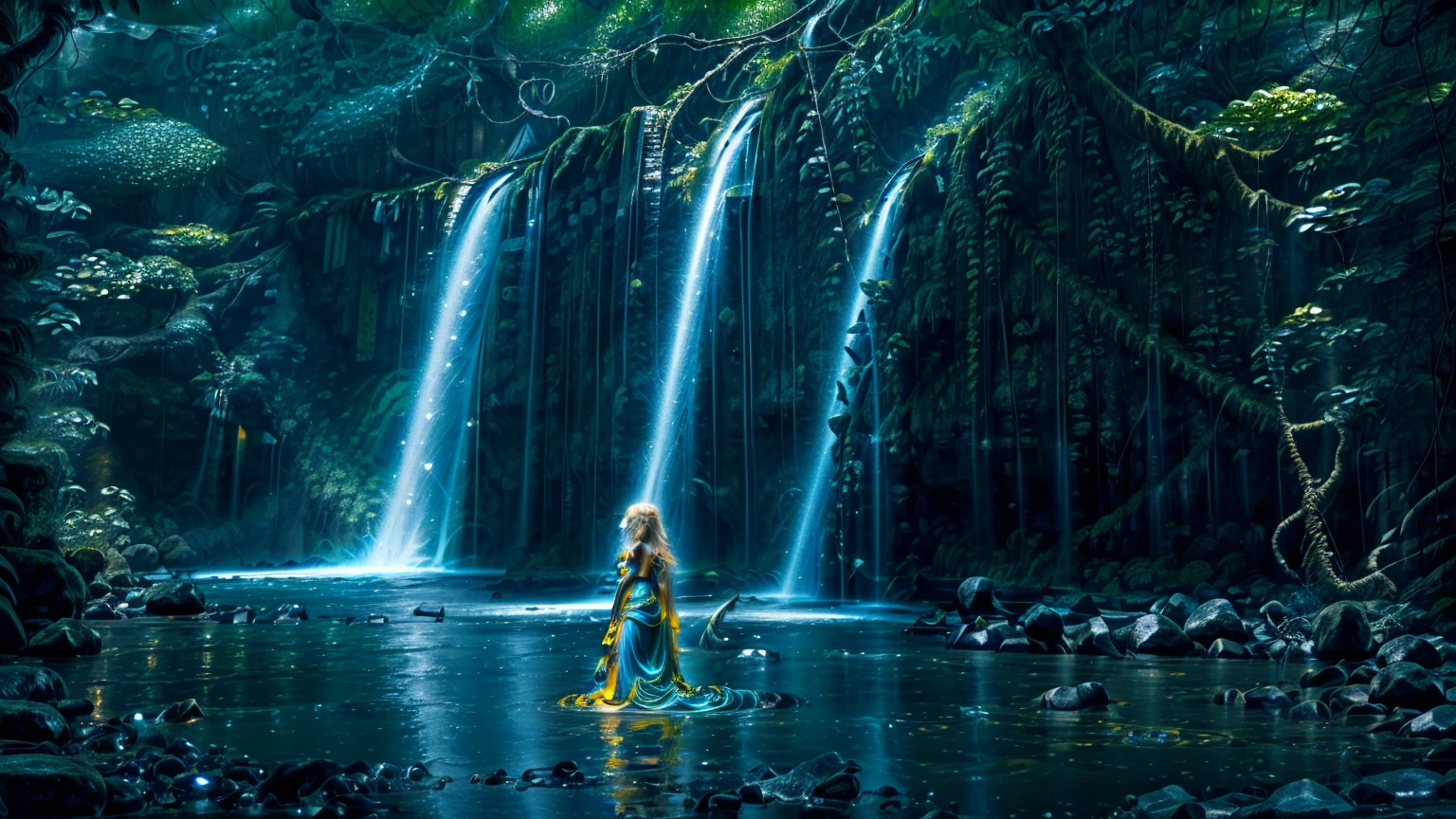 A stunning Russian beauty stands at the edge of (massives waterfalls:1.3), her blonde hair blowing gently in the misty air. Her piercing blue eyes sparkle as she gazes up at the star-filled sky, where a (supernova and galaxy :1.3) casts an otherworldly glow. The (jungle:1.5) around her is dark and mysterious, illuminated only by the soft flicker of a (brasero's flames) in the (dark night:1.8). She wears a beautiful short (black tube dress) that hugs her perfect body, highlighting every curve and contour as she poses confidently in front of the roaring waterfalls.