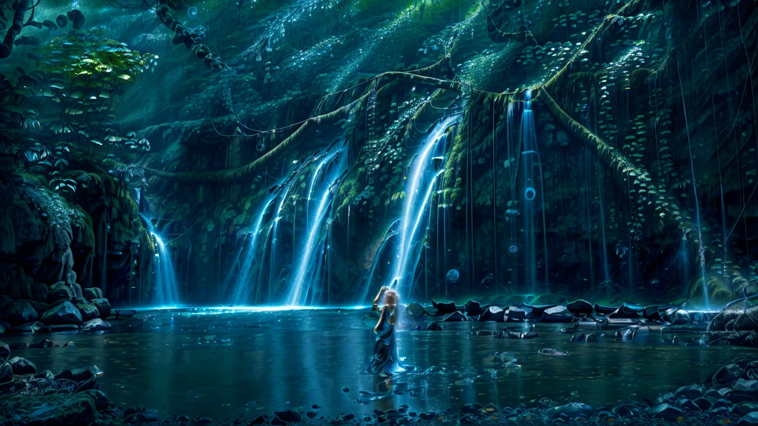 A stunning Russian beauty stands at the edge of (massives waterfalls:1.3), her blonde hair blowing gently in the misty air. Her piercing blue eyes sparkle as she gazes up at the star-filled sky, where a (supernova and galaxy :1.3) casts an otherworldly glow. The (jungle:1.5) around her is dark and mysterious, illuminated only by the soft flicker of a (brasero's flames) in the (dark night:1.8). She wears a beautiful short (black tube dress) that hugs her perfect body, highlighting every curve and contour as she poses confidently in front of the roaring waterfalls.