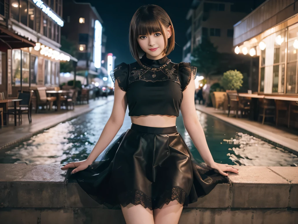 (8K, RAW Photos:1.2), Detailed face and eyes,最high quality, Ultra-high resolution, Very detailed ,Intricate details ,Tabletop ,pretty girl ,Round eyes、 Soft cinematic light, Hyper Detail,Sharp focus, high quality, Brown Hair,((Bobcut))、(Straight bangs)、City of night、Night view、 ((Black Crop Top))、((Black tulle skirt))、”dwarf”、(Full Body Shot)、Waist、(I can see your thighs)、Cowboy Shot、Smile、Floral clothes、Clothes with short sleeves、(Large Breasts)、