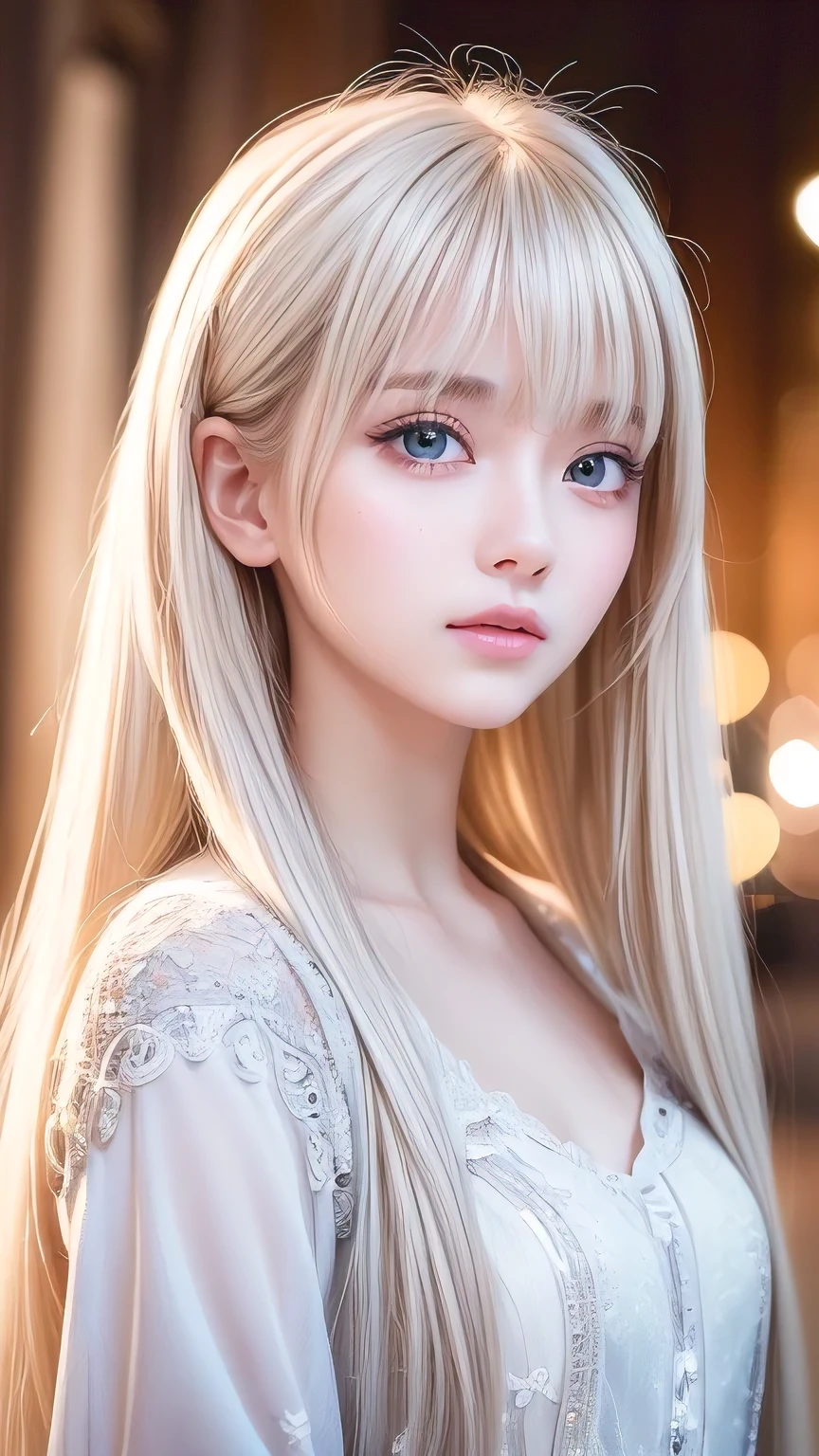 Live Shooting、(((Portraits of extreme beauty)))、((Glowing White Skin))、1 girl、Beautiful 11 year old girl from Prague、((Bright platinum blonde hair))、[Large, sparkling, light blue eyes]、Shiny, glossy skin、Silky super long straight hair、eyeliner、Long bangs、Bangs between the eyes、Dancing Hair、((masterpiece、最high quality、Super detailed、Film Light、Intricate details、High resolution、8k、Very detailed))、Detailed Background、8K UHD、Digital SLR、Soft Light、high quality、Film Grain、Fuji XT3 、Shallow depth of field、Natural light、（No Hands）、Looking up、round face、Casual shirts、Small Face Beauty