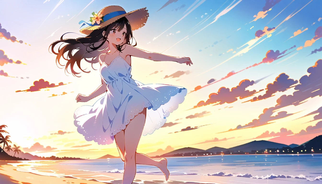 A girl with long, fluffy black hair and a white slip with lace and a hat with ribbons is dancing on the beach at dusk in midsummer.２０One year old girl