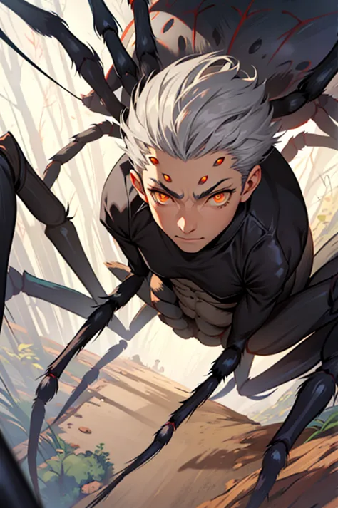 (arachne:1.3), arthropod limbs, 1boy, (adult male:1.2), bust, (solo), grey hair, short hair, hair between eyes, fair skin,white,...