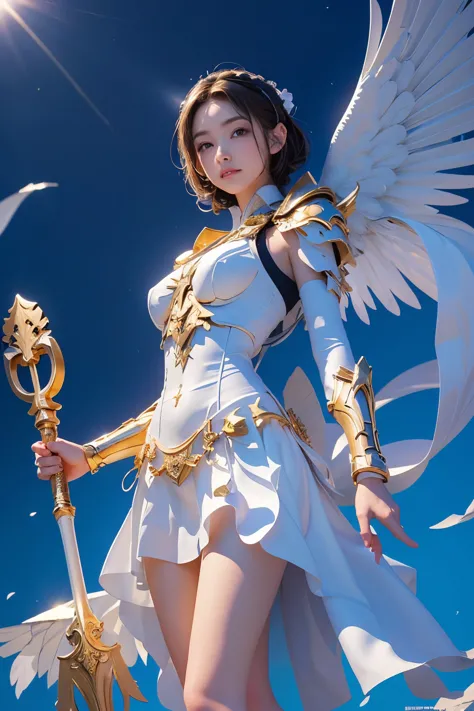 8k, masterpiece, ((angel of justice)),(reflect the dizzying light on the blade), white feathers, equipped with golden armor over...