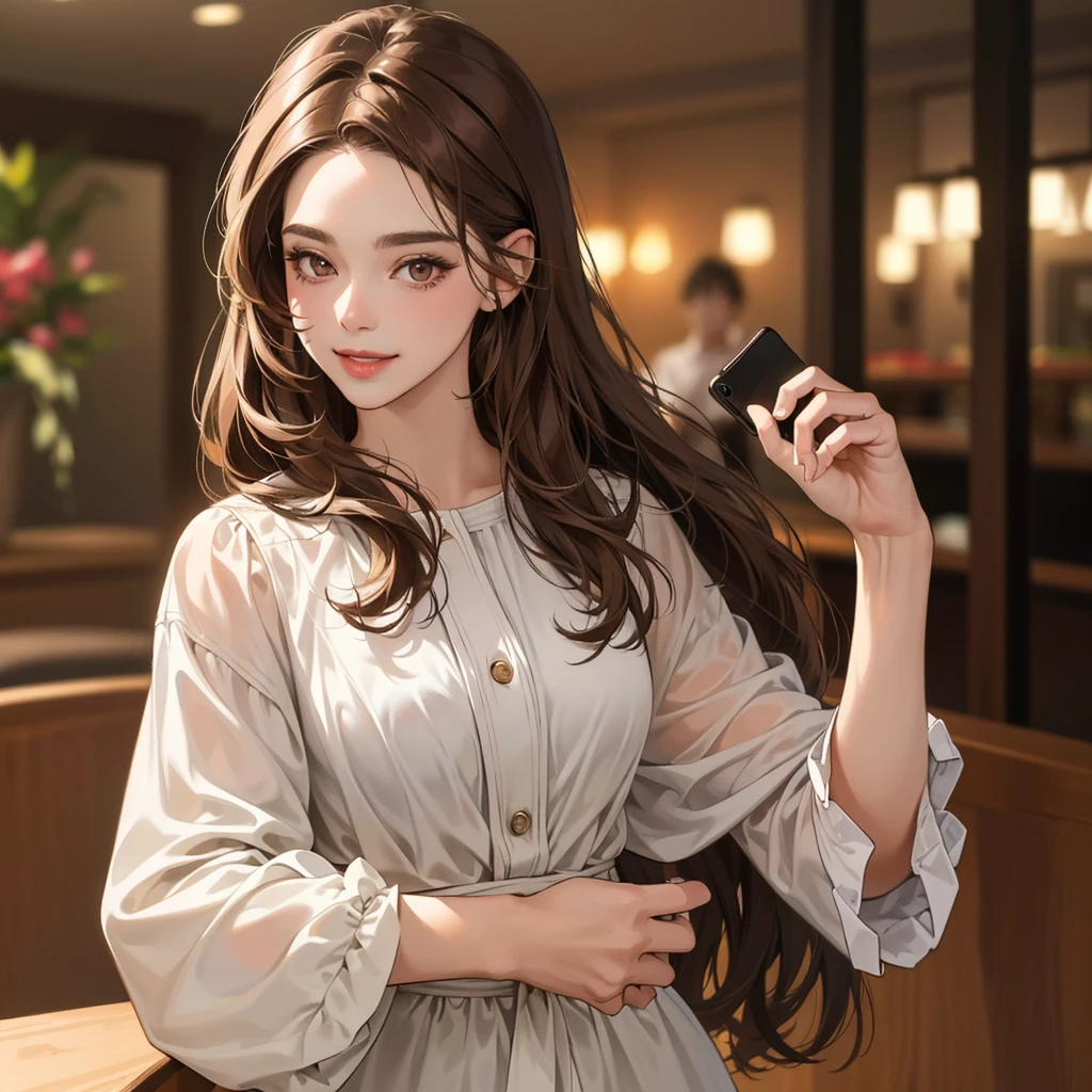 (masterpiece, best quality, ultra-detailed, highres, 4k),(beautiful detailed eyes),(very detailed face),(1girl),HDR,long hair, cute, brown eyes, brown hair, cellphone,  watch, lips, solo focus, nail polish, blurry background, smile, wristwatch, realistic, blurry, looking at viewer