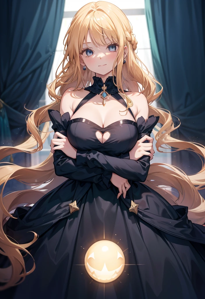 1girl, solo, breasts, blonde_hair, long_hair, jewelry, crossed_arms, looking_at_viewer, blue_eyes, earrings, detached_sleeves, smile, large_breasts, upper_body, dress, gem, closed_mouth, cleavage, black_dress, clothing_cutout, cleavage_cutout, bare_shoulders, glowing, indoors, forehead, straight-on, glowing_eyes