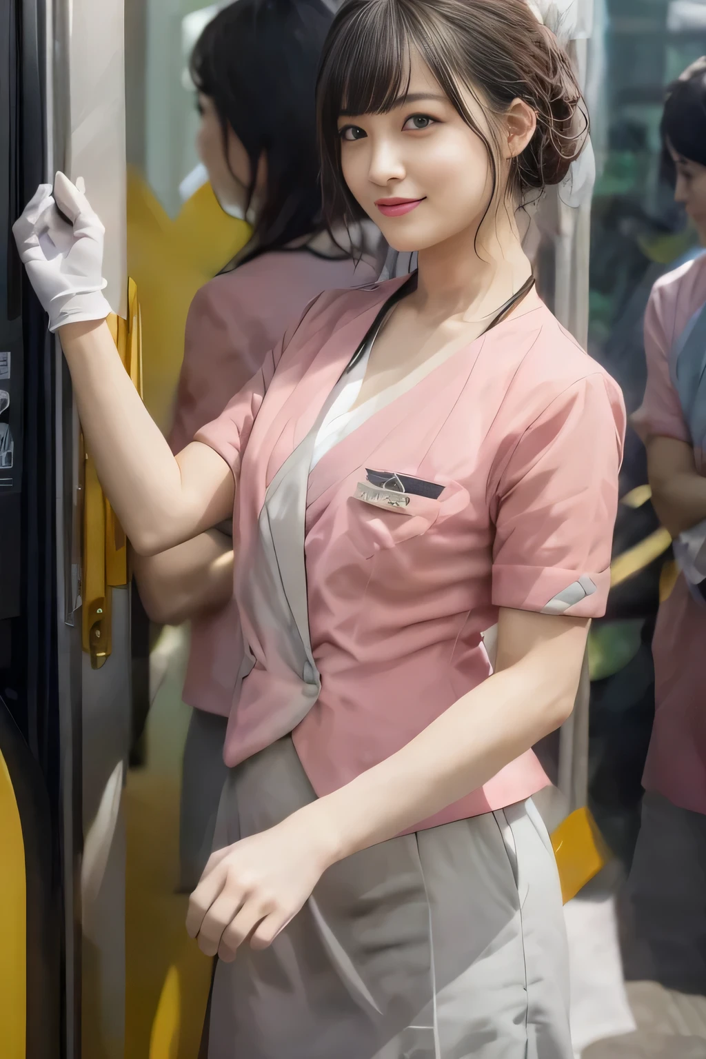 (masterpiece:1.2, Highest quality:1.2), 32k HDR, High resolution, (alone、1 girl)、 (Height: 160cm)、（On the rooftop of a building in the daytime、Professional Lighting）、Building rooftop background、（Nankai train crew uniform pinkを着たリアルスタイル）、（Nankai train crew uniform pink short sleeve collarless pink jacket、Nankai Train Crew Uniform Pink Collarless Short Sleeve Blouse、Nankai Train Crew Uniform Pink Grey Knee-length Culottes）、（The pink jacket is showing from the culottes.）、Dark brown hair、（Hair tied up、Hair tied up、Evening curly hairstyle）、Dark brown hair、Long Shot、Big Breasts、Thin legs、（（Great hands：2.0）），（（Harmonious body proportions：1.5）），（（Normal limbs：2.0）），（（Normal finger：2.0）），（（Delicate eyes：2.0）），（（Normal eyes：2.0））)、smile、（Nankai Train Crew Uniform Pink Grey Knee-length Culottesを見せた美しい歩く姿）、Place your hands around your stomach、Lanyard employee ID card