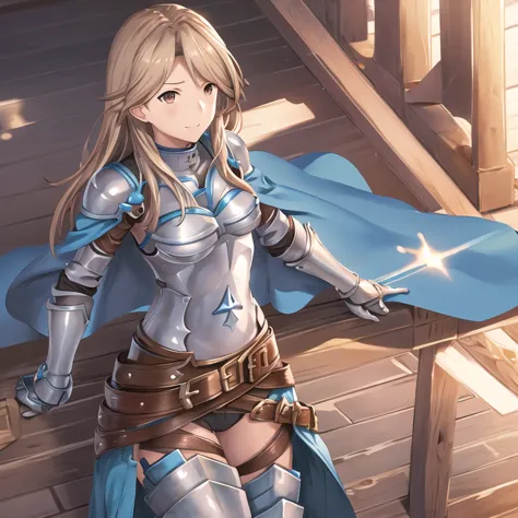 katalina (granblue fantasy), armor, gauntlets, belt, breastplate, shoulder armor, cape, pauldrons, pants