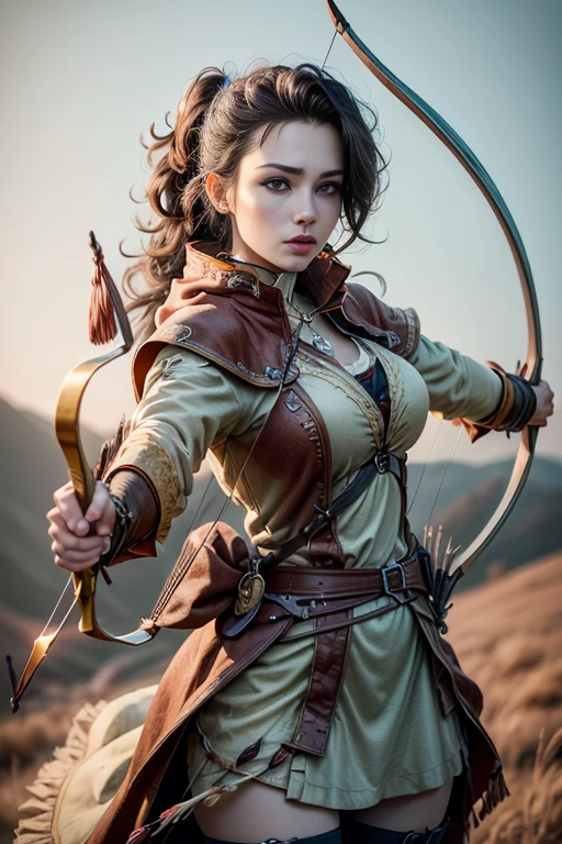 Sexy female Hunter with bow and arrow in her hands. Archery. The scenes are magnificent and surreal. (best qualityer, 4K, 8K, high resolution, master part:1.2), ultra detali, (realisitic, photorrealistic, realisitic:1.37), Portrait of a, vivid colors, studio lit, sharp focus, physics based rendering, extreme detail description, Bible Topics, Great atmosphere, radiant light.