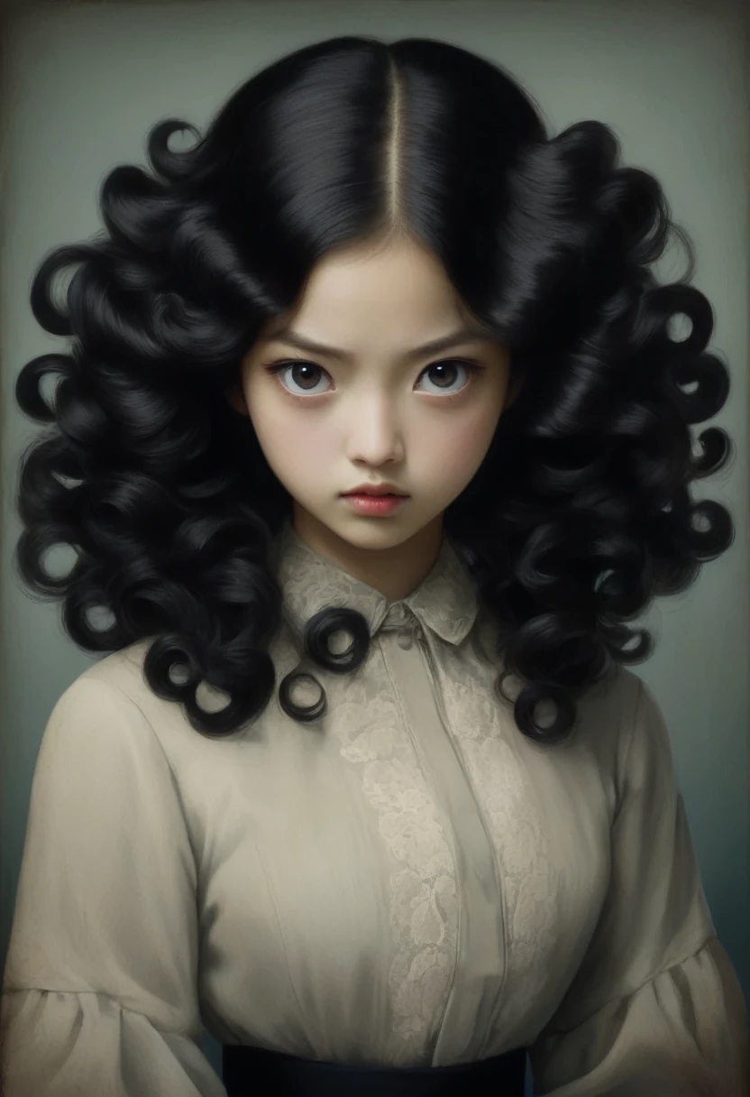 A cute and beautiful girl，long, brown hair，chinos，serious expression，MYSTERY，Junji Ito&#39;s style，forehead，vintage portrait，pastel colors
