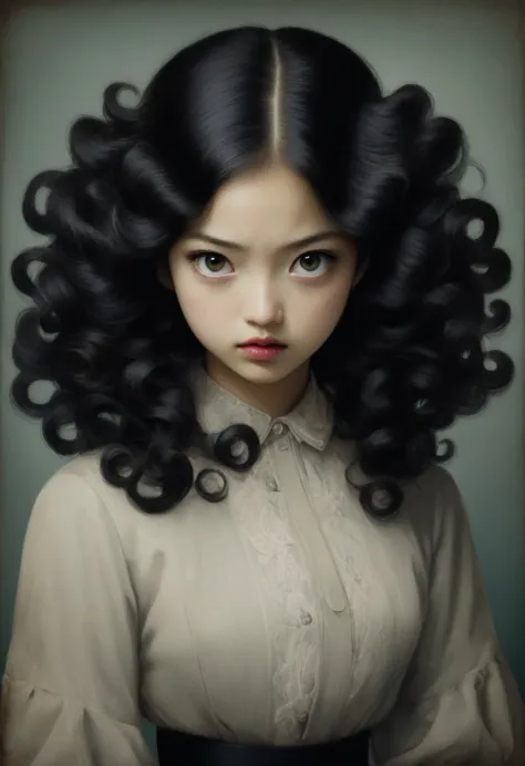 A cute and beautiful girl，long, brown hair，chinos，serious expression，MYSTERY，Junji Ito&#39;s style，forehead，vintage portrait，pas...
