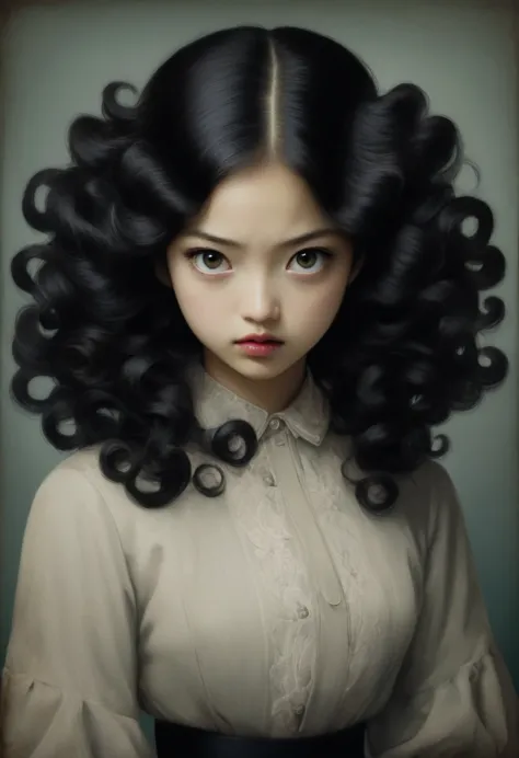 a cute and beautiful girl，long, brown hair，chinos，serious expression，mystery，junji ito&#39;s style，forehead，vintage portrait，pas...