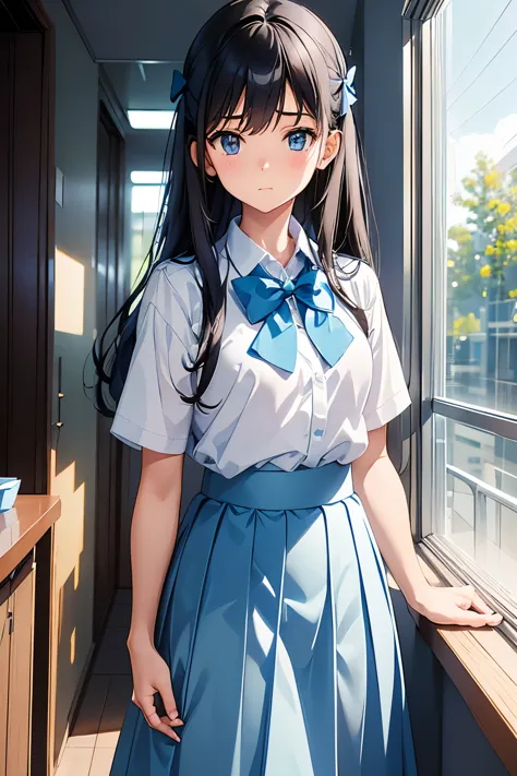 girl, student, 15 years old, Wearing a uniform, Light blue skirt, Long skirt, small bow, small bow, , anime, anime movie