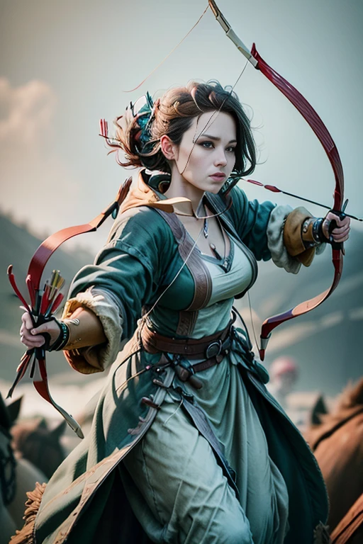 female Archer. Archery. The scenes are magnificent and surreal. (best qualityer, 4K, 8K, high resolution, master part:1.2), ultra detali, (realisitic, photorrealistic, realisitic:1.37), Portrait of a, vivid colors, studio lit, sharp focus, physics based rendering, extreme detail description, Bible Topics, Great atmosphere, radiant light.