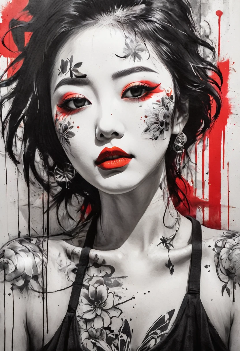 Black and white sketch of a geisha with vivid red lipstick, set against a vibrant urban backdrop featuring bold graffiti in a dynamic digital art style. This design seamlessly blends traditional elegance with contemporary street art, creating a striking visual contrast perfect for a unique and eye-catching t-shirt."