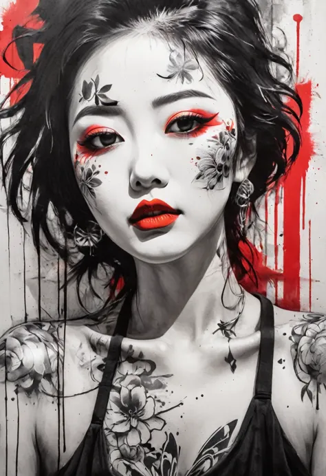 Black and white sketch of a geisha with vivid red lipstick, set against a vibrant urban backdrop featuring bold graffiti in a dy...