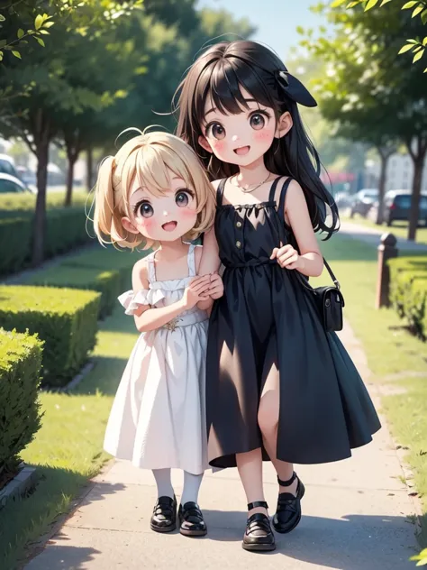 Two Girls、Very close sisters、Walk hand in hand、Having fun and being excited、They both walk with a bounce、Happy smile、A cute, coo...