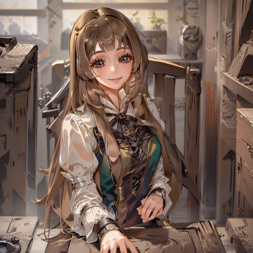 (masterpiece, best quality, ultra-detailed, highres, 4k),(beautiful detailed eyes),(very detailed face),(1girl),HDR,long hair, cute, brown eyes, brown hair, cellphone,  watch, lips, solo focus, nail polish, blurry background, smile, wristwatch, realistic, blurry, looking at viewer