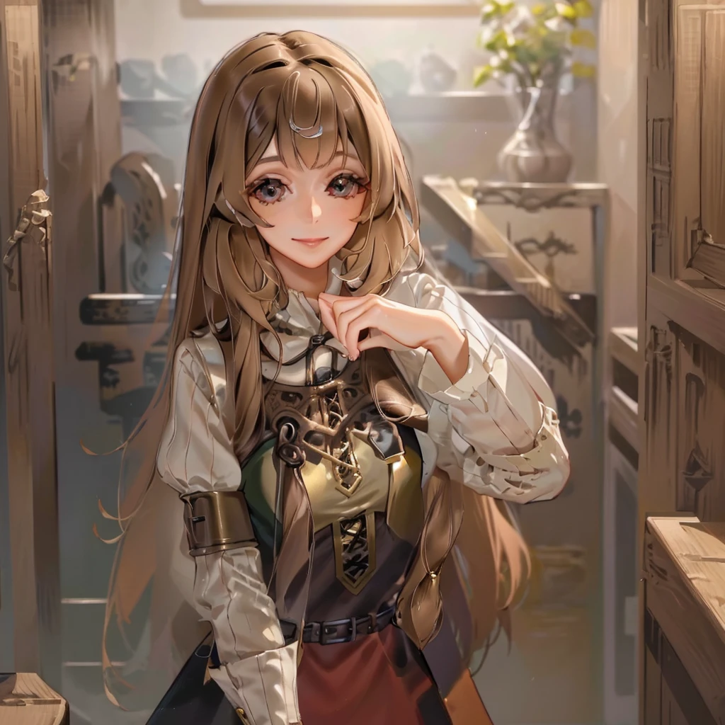 (masterpiece, best quality, ultra-detailed, highres, 4k),(beautiful detailed eyes),(very detailed face),(1girl),HDR,long hair, cute, brown eyes, brown hair, cellphone,  watch, lips, solo focus, nail polish, blurry background, smile, wristwatch, realistic, blurry, looking at viewer