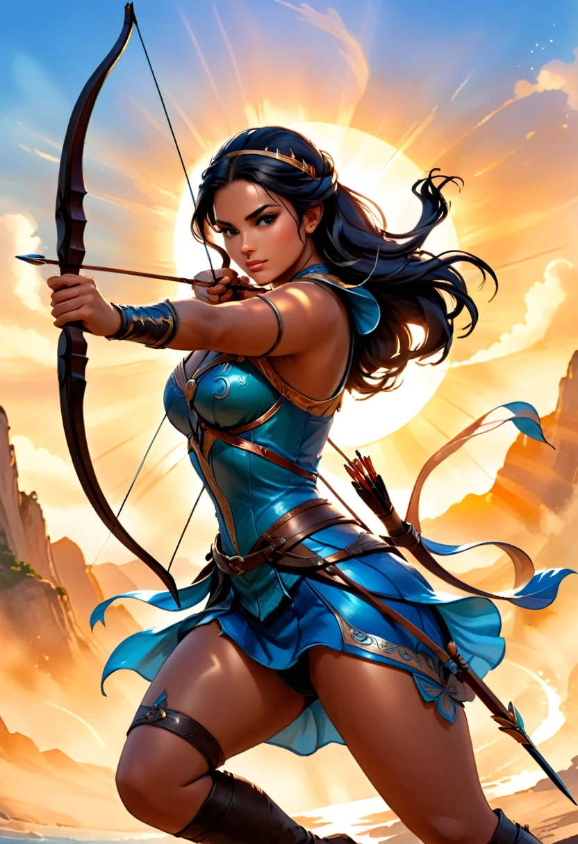 a watercolor illustration of a exquisite female archer, (silhouette artwork: 1.3), as the sun rises, fantasy art, ), sunrising behind the archer, ready to act,  ultra feminine, with a long curvy hair, dynamic bow sting drawn to the cheek , arrow ready to be shot, arrow tip glimmers, sunrays, divine rays, high details, best quality, 16k, [ultra detailed], masterpiece, best quality, (extremely detailed), dynamic angle, Aiming a Bow, bow (weapon)