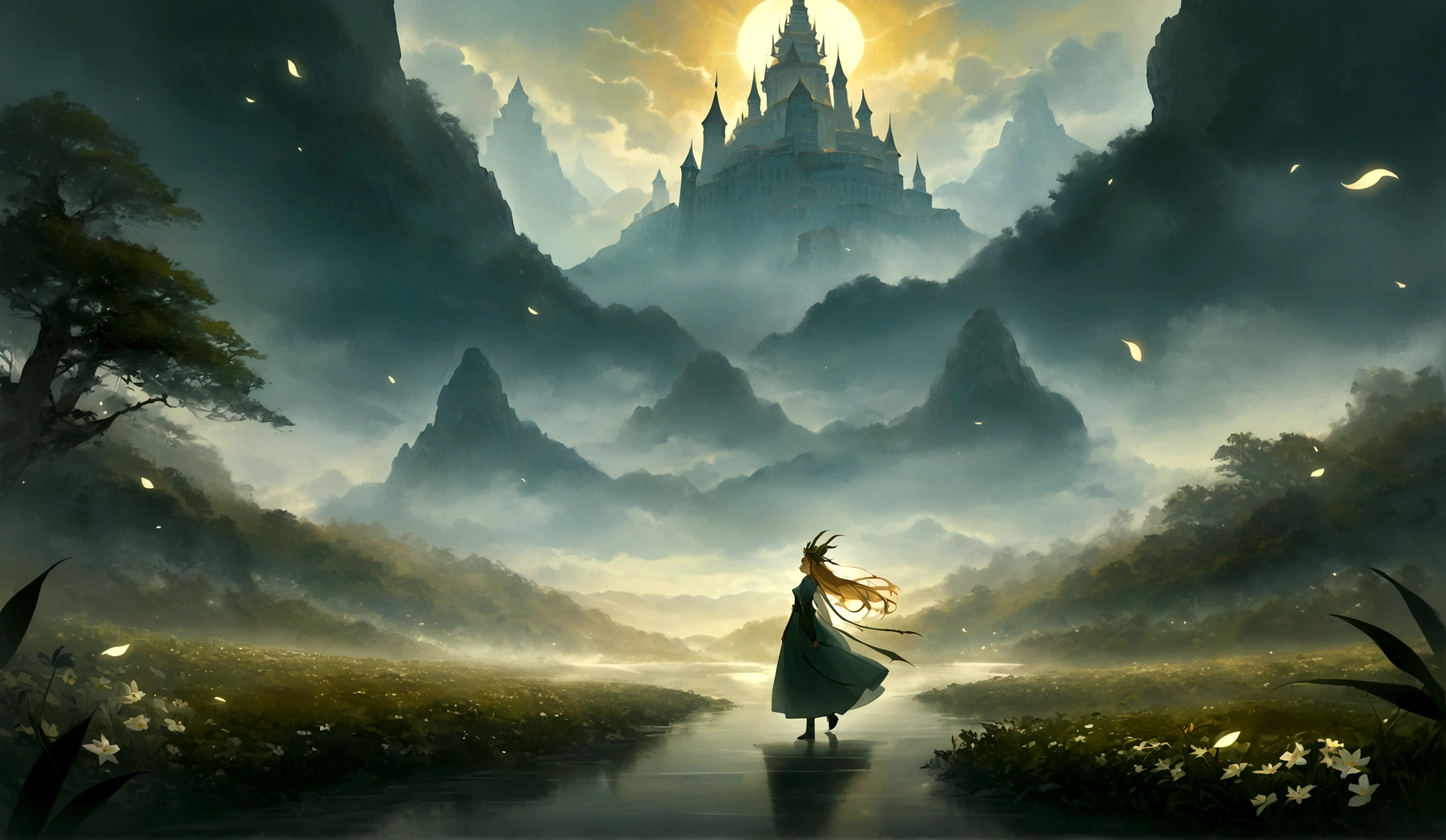 

The scene is set in a fantastical realm where magic and ancient traditions intertwine seamlessly. Majestic mountains loom in the distance, their peaks shrouded in mist, hinting at the mysteries they conceal. A serene river meanders through the lush, verdant landscape, its waters sparkling under the golden rays of a setting sun. On one bank stands a grand palace with towering spires, its architecture a blend of elegance and grandeur, reflecting the opulence of a bygone era.

In the foreground, a dense forest teems with life, the trees towering and ancient, their leaves whispering secrets of old. The air is filled with the scent of blooming flowers and the distant calls of mythical creatures. At the heart of this enchanting world stands a solitary figure, their presence commanding and aura imbued with a sense of pride and arrogance inherited from an ancient legacy. The scene is both serene and charged with an underlying tension, a perfect blend of beauty and latent power.