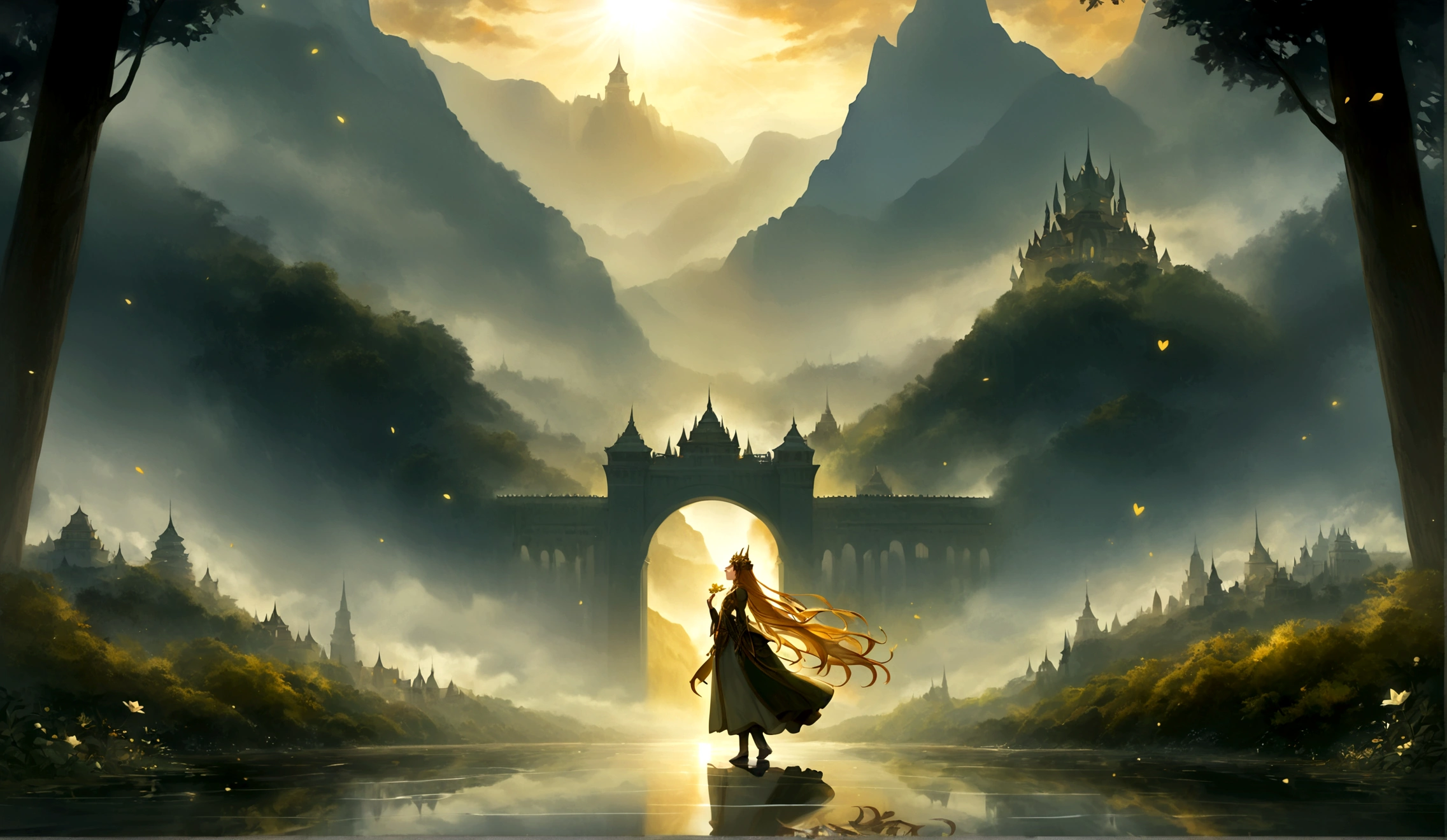 

The scene is set in a fantastical realm where magic and ancient traditions intertwine seamlessly. Majestic mountains loom in the distance, their peaks shrouded in mist, hinting at the mysteries they conceal. A serene river meanders through the lush, verdant landscape, its waters sparkling under the golden rays of a setting sun. On one bank stands a grand palace with towering spires, its architecture a blend of elegance and grandeur, reflecting the opulence of a bygone era.

In the foreground, a dense forest teems with life, the trees towering and ancient, their leaves whispering secrets of old. The air is filled with the scent of blooming flowers and the distant calls of mythical creatures. At the heart of this enchanting world stands a solitary figure, their presence commanding and aura imbued with a sense of pride and arrogance inherited from an ancient legacy. The scene is both serene and charged with an underlying tension, a perfect blend of beauty and latent power.