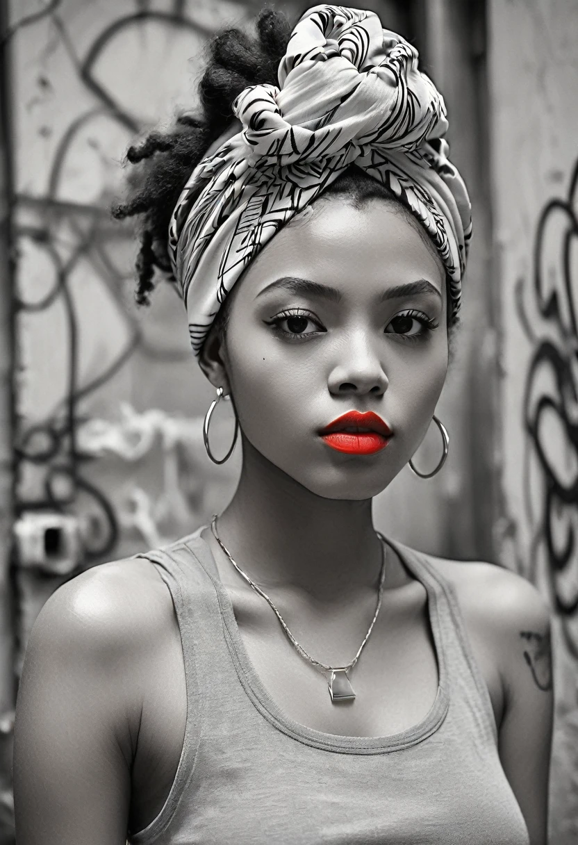 Black and white sketch of a black beautiful young woman with vivid red lipstick, afro hair and colorful head wrap, set against a vibrant urban backdrop featuring bold graffiti in a dynamic digital art style. This design seamlessly blends traditional elegance with contemporary street art, creating a striking visual contrast perfect for a unique and eye-catching t-shirt."