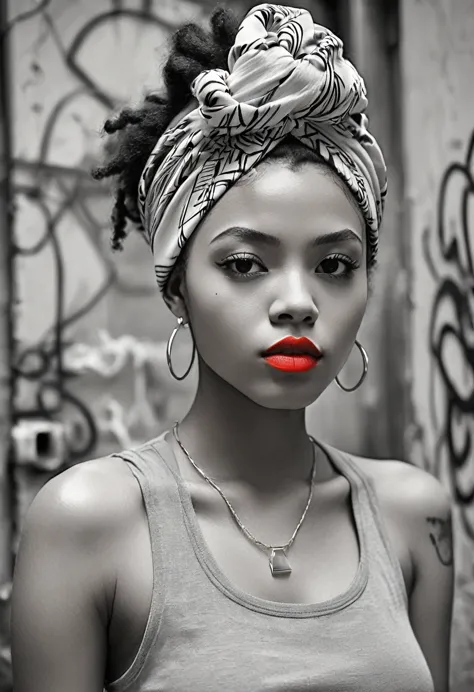 Black and white sketch of a black beautiful young woman with vivid red lipstick, afro hair and colorful head wrap, set against a...