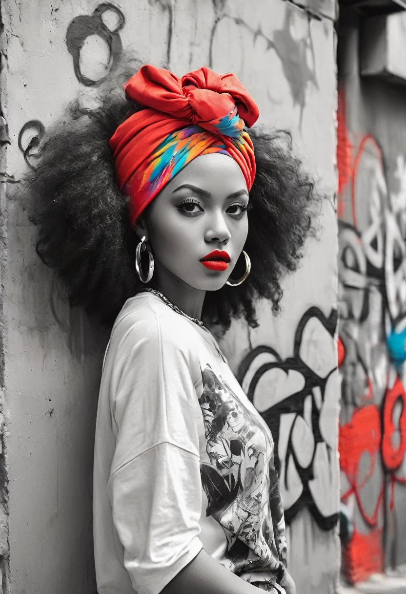 Esboço preto e branco de uma linda jovem negra com batom vermelho vívido, cabelo afro e envoltório colorido na cabeça, em um cenário urbano vibrante com grafites ousados em um estilo de arte digital dinâmico. Este design combina perfeitamente a elegância tradicional com a arte de rua contemporânea, criando um contraste visual impressionante, perfeito para uma camiseta única e atraente."