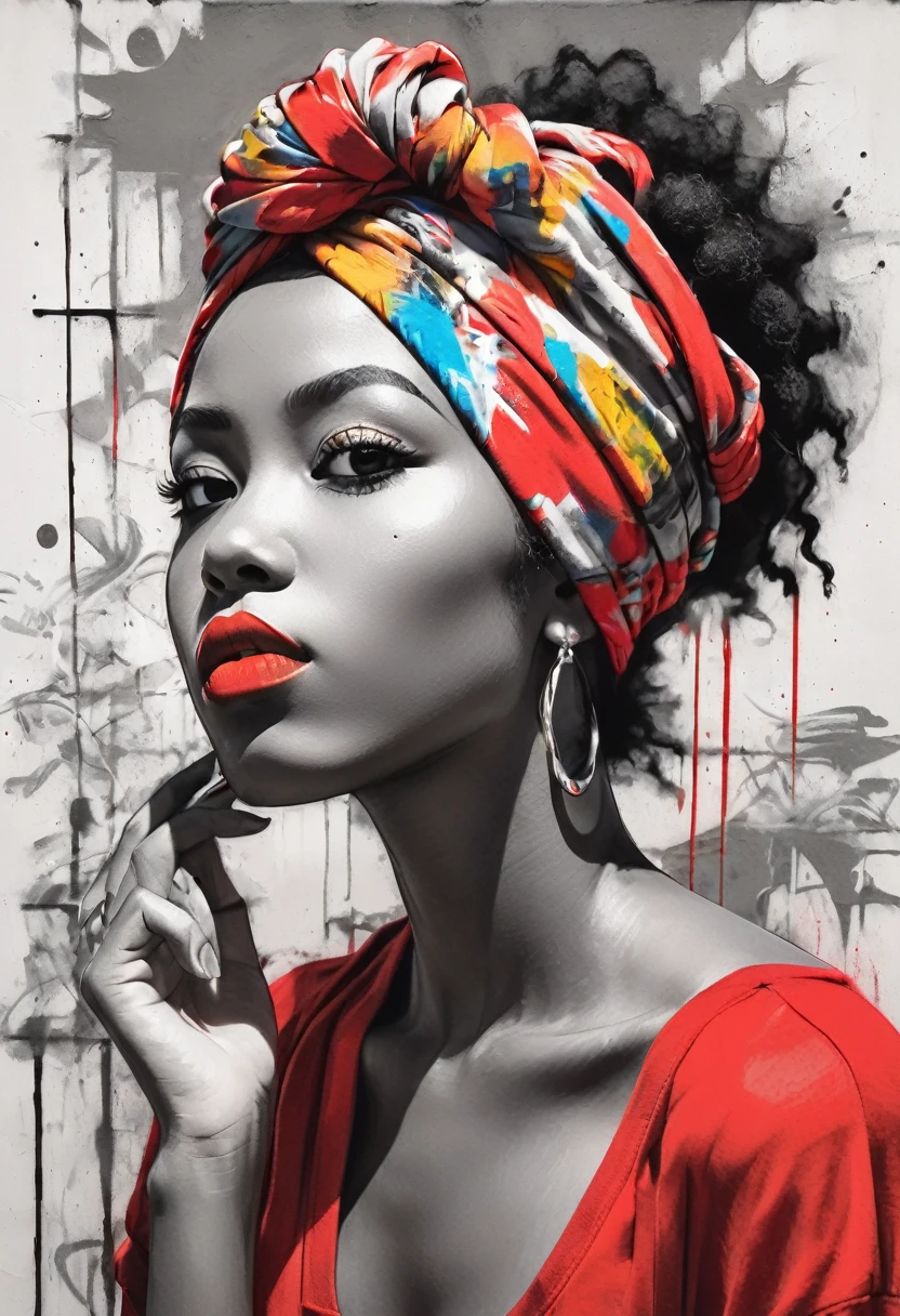 Black and white sketch of a black beautiful young woman with vivid red lipstick, afro hair and colorful head wrap, set against a vibrant urban backdrop featuring bold graffiti in a dynamic digital art style. This design seamlessly blends traditional elegance with contemporary street art, creating a striking visual contrast perfect for a unique and eye-catching t-shirt."