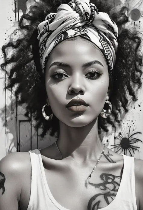 Black and white sketch of a black beautiful young woman with vivid red lipstick, afro hair and colorful head wrap, set against a...