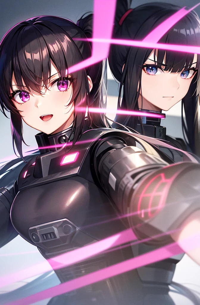 最high quality, high quality, 8K、High resolution,Highest quality、solo、Black Hair, ponytail, Open Mouth Smile, Evil Face, Expressionless face, Wearing a pink bodysuit, Secret spy, A heroine of justice wearing mecha cyber armor,Old Manga, Sci-fi anime, modern mecha anime