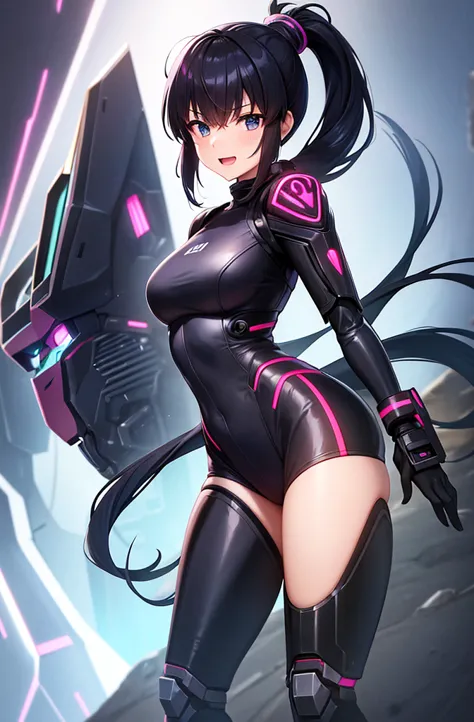 最high quality, high quality, 8K、High resolution,Highest quality、solo、Black Hair, ponytail, Open Mouth Smile, Evil Face, Expressi...