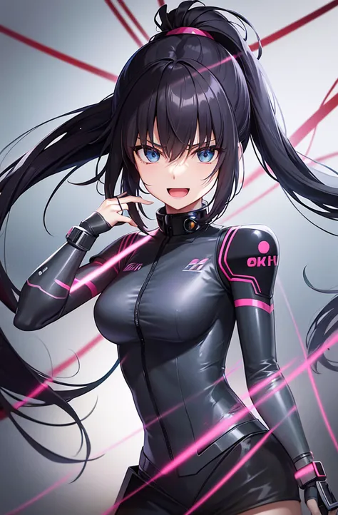 最high quality, high quality, 8K、High resolution,Highest quality、solo、Black Hair, ponytail, Open Mouth Smile, Evil Face, Expressi...