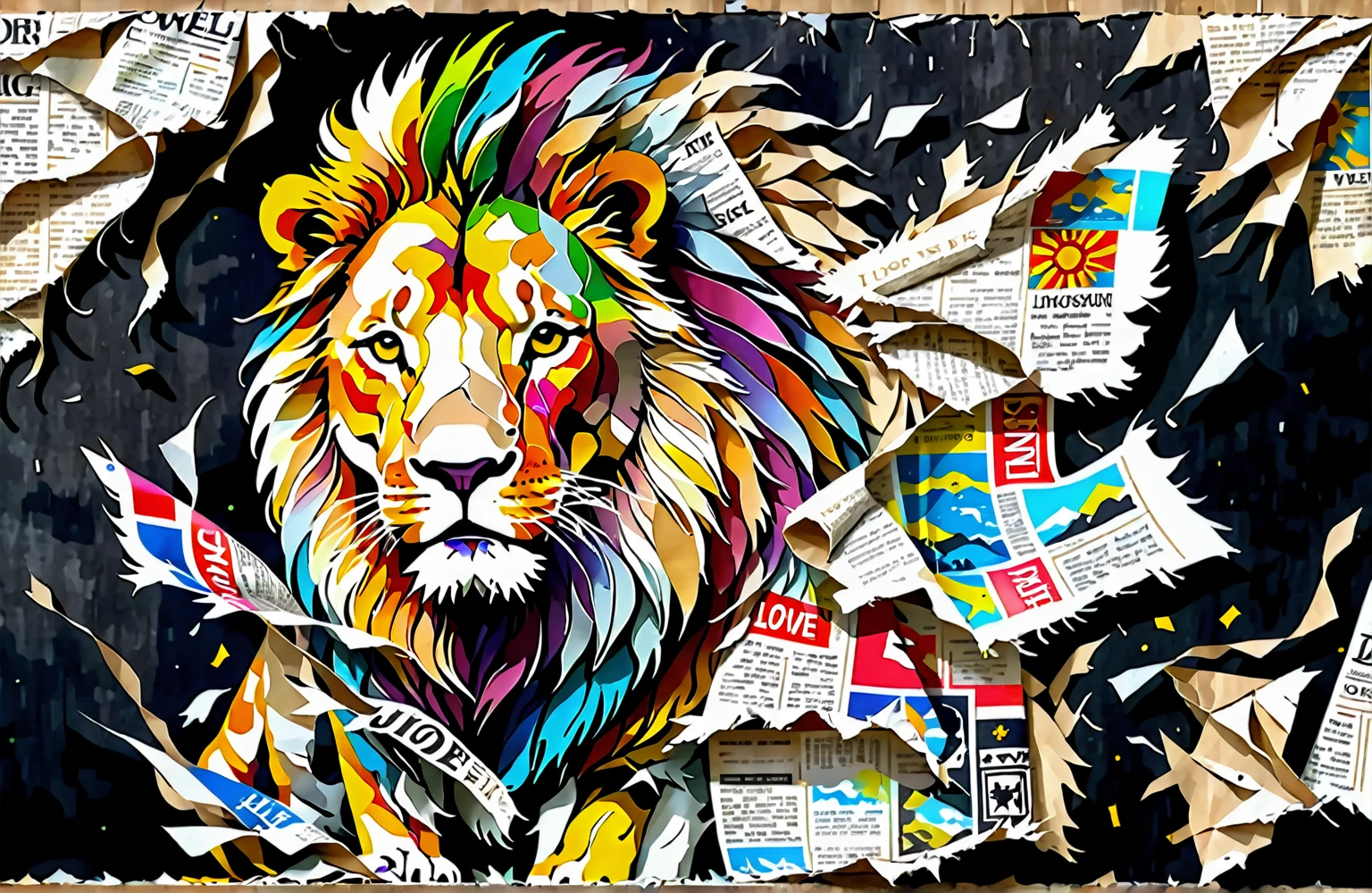 lion with a torn piece of newspaper, added detail, mixed media torn paper collage, full color mixed media painting, torn paper collage, acrylic and spraypaint,