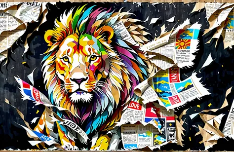 lion with a torn piece of newspaper, added detail, mixed media torn paper collage, full color mixed media painting, torn paper c...
