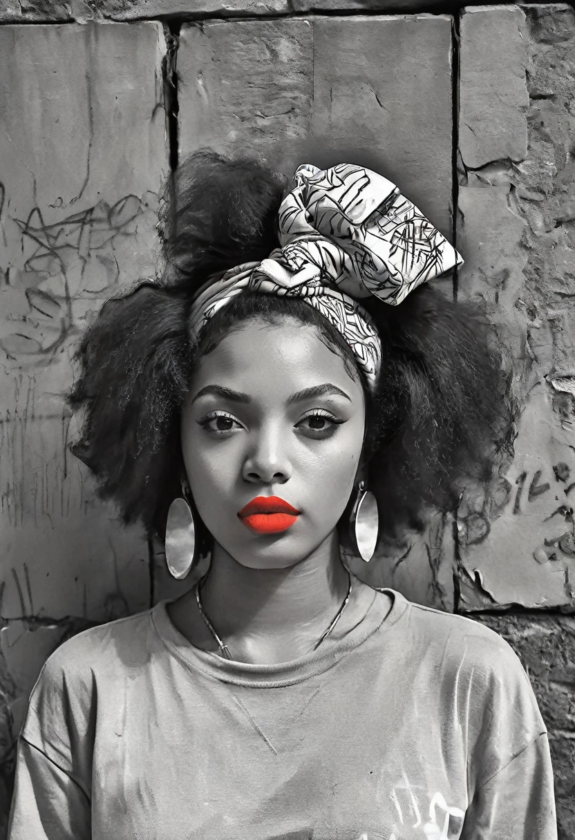 Dibujo en blanco y negro de una hermosa joven negra con lápiz labial rojo vivo, pelo afro y pañuelo colorido para la cabeza, ambientado en un vibrante telón de fondo urbano con graffitis atrevidos en un estilo de arte digital dinámico. Este diseño combina a la perfección la elegancia tradicional con el arte callejero contemporáneo., creando un sorprendente contraste visual perfecto para una camiseta única y llamativa."