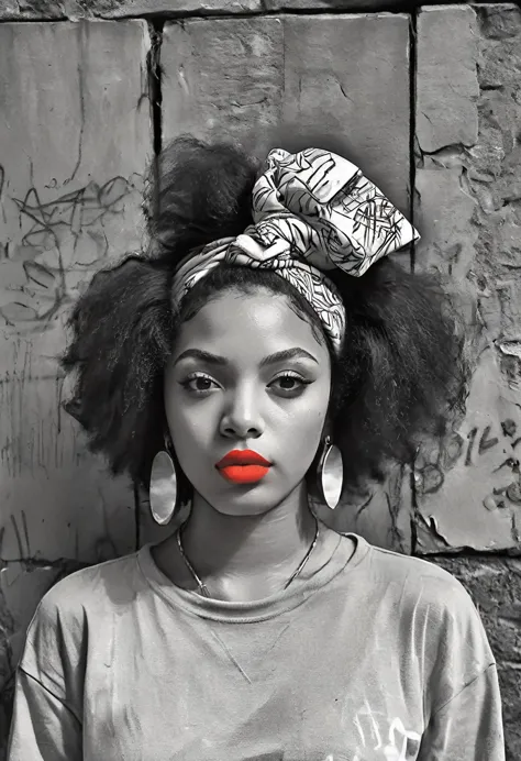 black and white sketch of a black beautiful young woman with vivid red lipstick, afro hair and colorful head wrap, set against a...