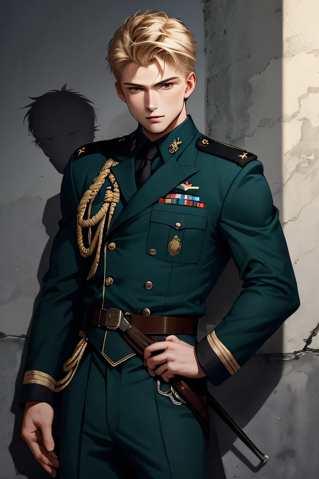 (masterpiece, Highest quality, Very detailed, Best Shadow), (Detailed Background,) SF Liberator Captain Blonde Young Strong Confident Healthy Strong Military Uniform Male