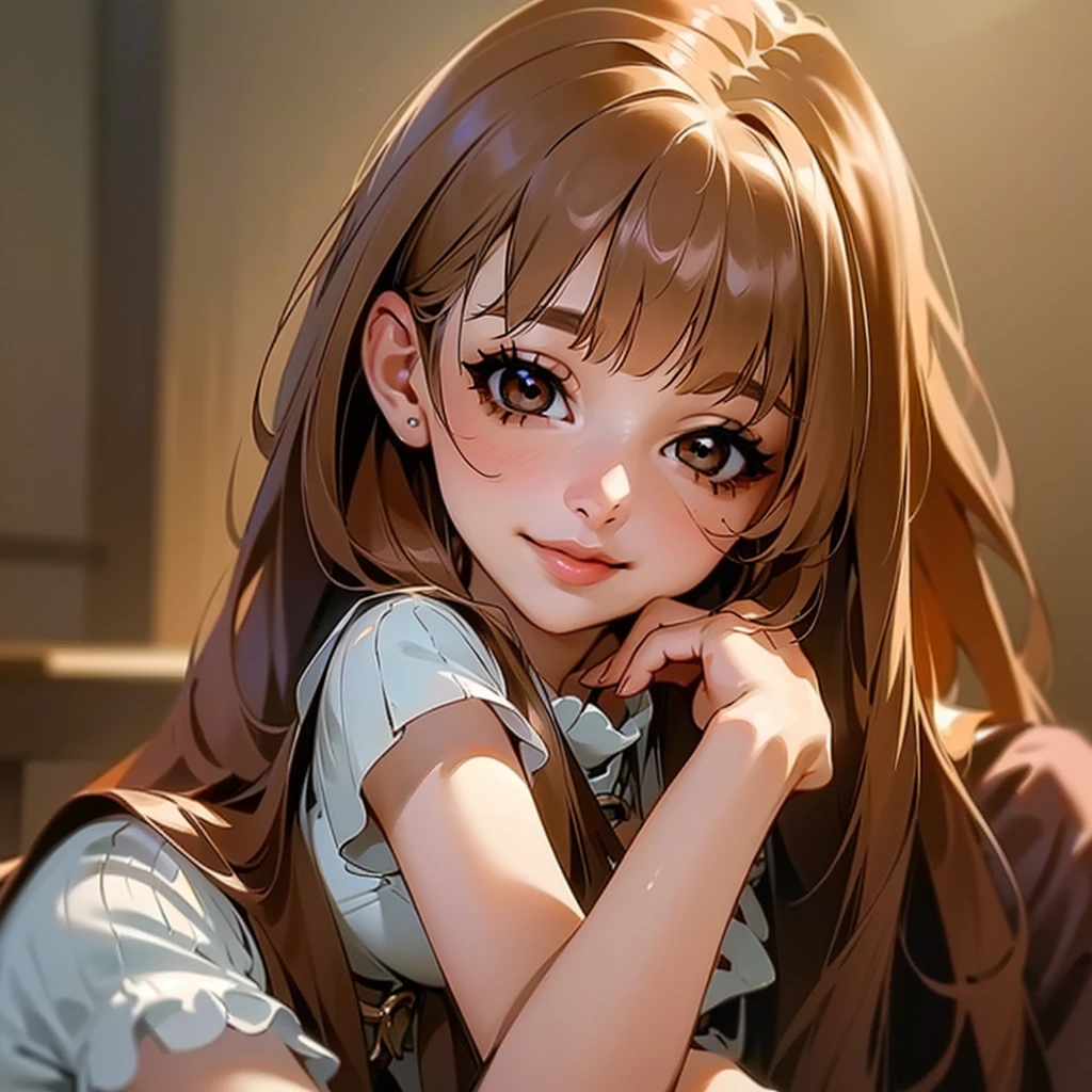 (masterpiece, best quality, ultra-detailed, highres, 4k),(beautiful detailed eyes),(very detailed face),(1girl),HDR,long hair, cute, brown eyes, brown hair, cellphone,  watch, lips, solo focus, nail polish, blurry background, smile, wristwatch, realistic, blurry, looking at viewer