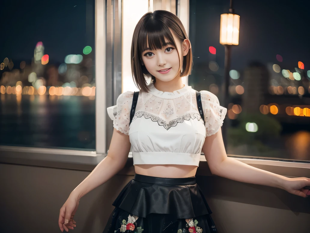 (8K, RAW Photos:1.2), Detailed face and eyes,最high quality, Ultra-high resolution, Very detailed ,Intricate details ,Tabletop ,pretty girl ,Round eyes、 Soft cinematic light, Hyper Detail,Sharp focus, high quality, Brown Hair,((Bobcut))、(Straight bangs)、City of night、Night view、 ((White crop top))、((Black tulle skirt))、”dwarf”、(Full Body Shot)、Waist、(I can see your thighs)、Cowboy Shot、Smile、Floral clothes、Clothes with short sleeves、(Large Breasts)、